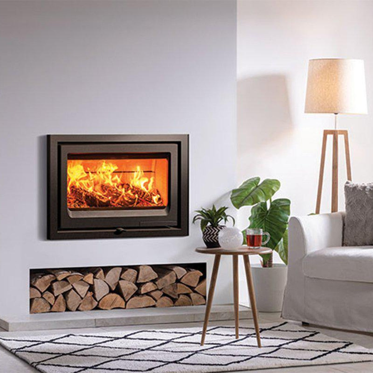 Stovax Vogue 700 Inset wood fire above built-in log storage