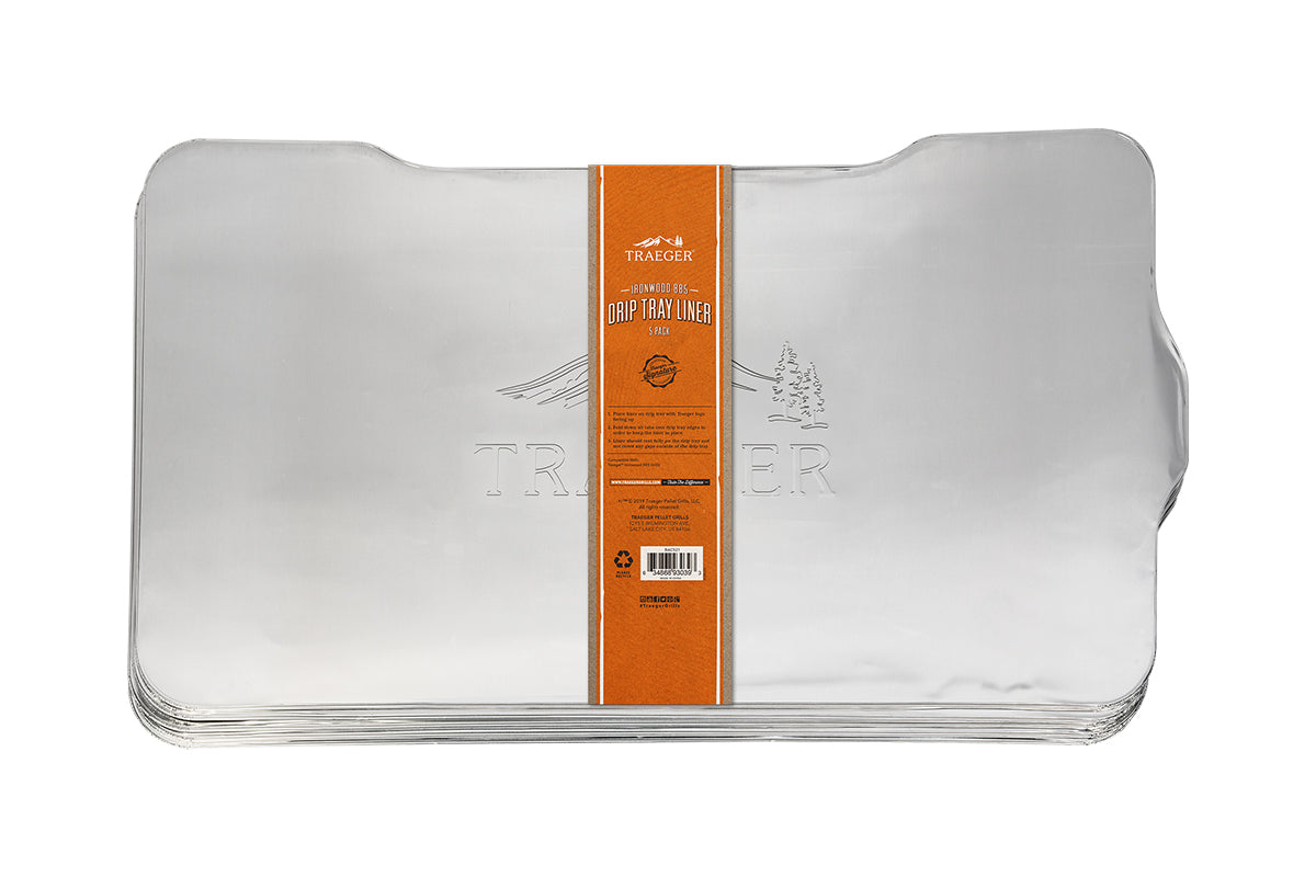 Five-pack of Traeger Ironwood 885 aluminium drip tray liners with an orange sleeve