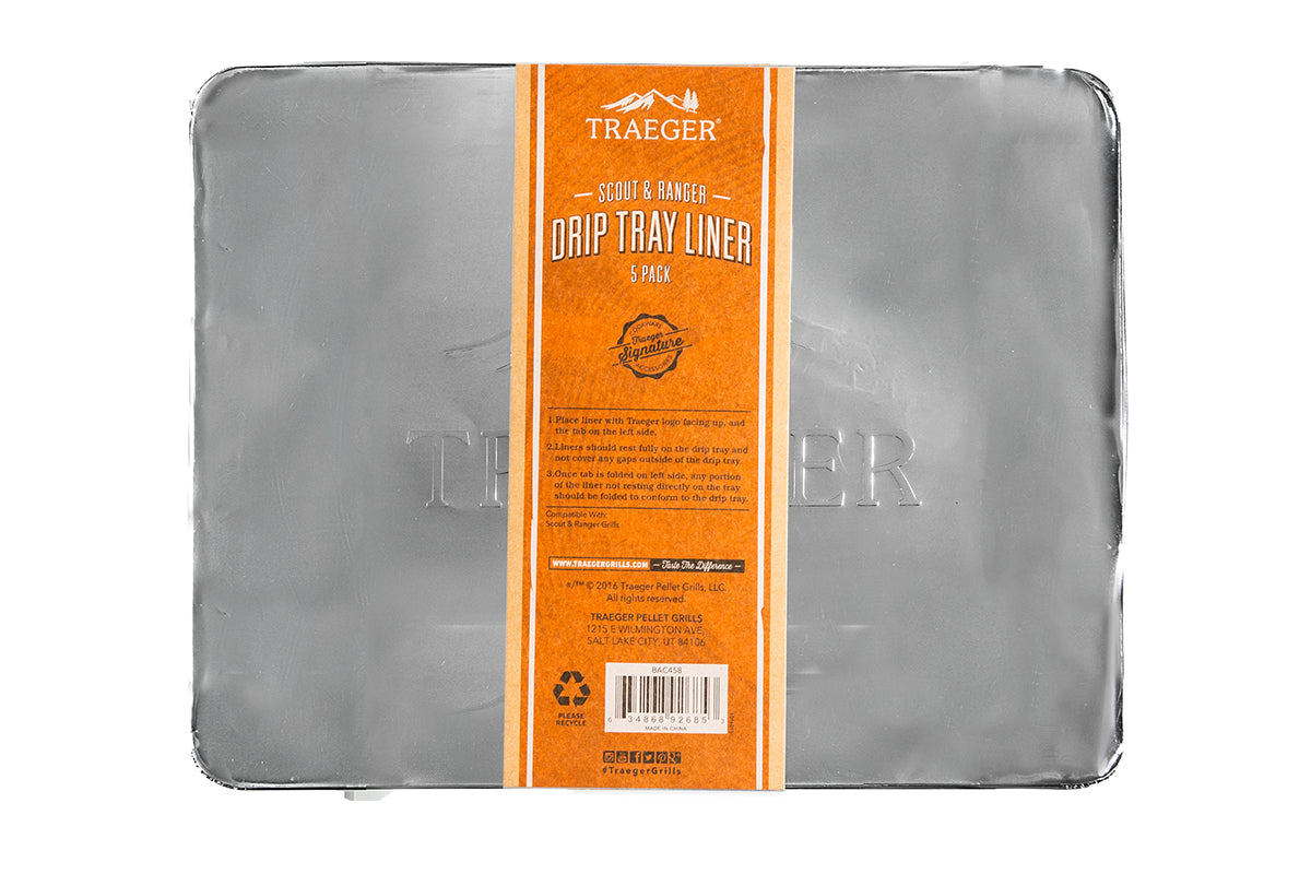 Traeger Scout and Ranger drip tray liners in a five-pack with an orange paper sleeve