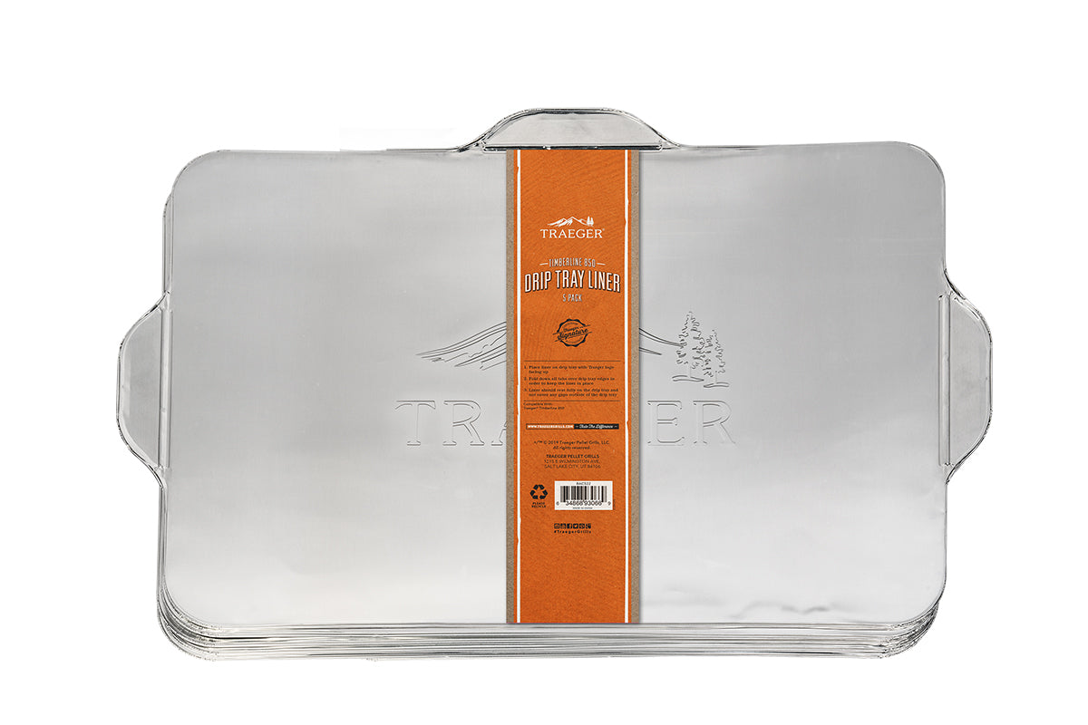 Five-pack of Traeger Timberline 850 aluminium drip tray liners with an orange sleeve