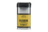 A &quot;Traeger Fin &amp; Feather Rub&quot; spice container with a black lid. The front displays a bold yellow label featuring the Traeger logo with a mountain silhouette, and the product name &quot;Fin &amp; Feather Rub&quot; followed by flavor notes of &quot;Garlic | Paprika&quot;. The silver body of the container contrasts with the yellow label, which also suggests pairing the rub with &quot;Turkey Blend Pellets&quot; and &quot;Sweet &amp; Heat Sauce&quot;. The design gives a rustic and bold feel.