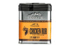 Close-up of the Traeger Chicken Rub aluminium tin with bold branding, highlighting the citrus and black pepper flavours, accompanied by a graphic of a detailed chicken head and the labels &quot;100% Natural Ingredients&quot;, &quot;Gluten-Free&quot;, and &quot;GMO-Free&quot;.