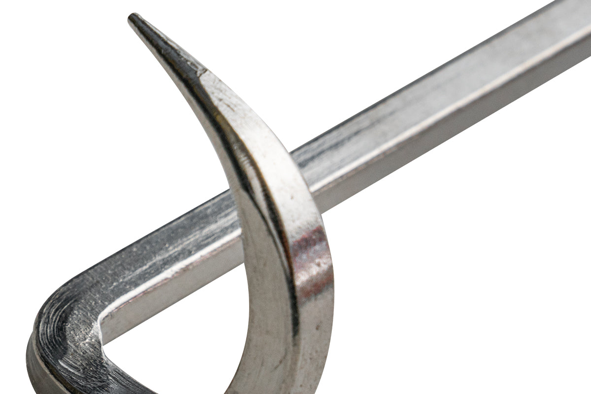 Close-up of the pointed metal hook on the Traeger BBQ Pig Tail