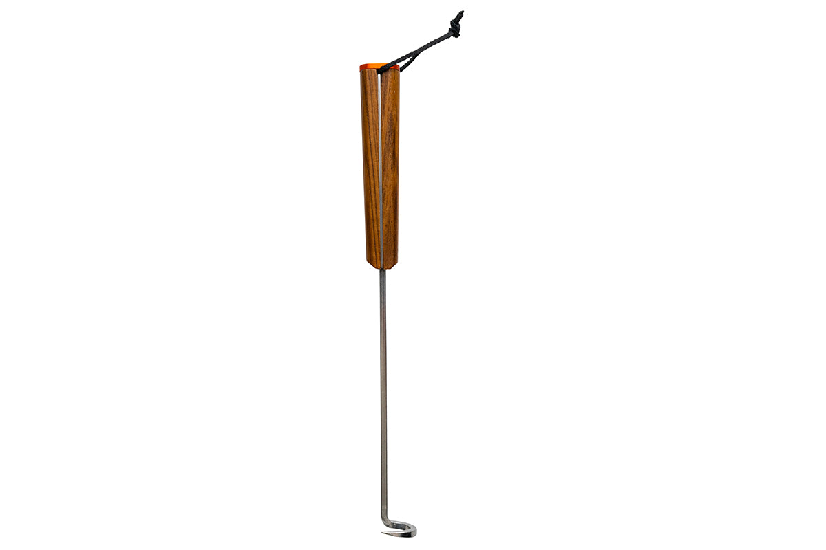 Front view of the Traeger BBQ Pig Tail showing its long shaft and curved lifting hook