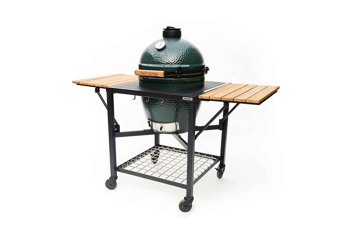 Big Green Egg Large Modular Nest with Acacia foldable shelves, ideal for outdoor cooking.