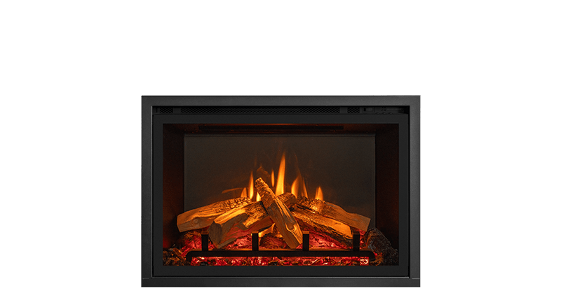 Gazco eMotiv 64 electric fire with oak-effect logs and its four-sided frame