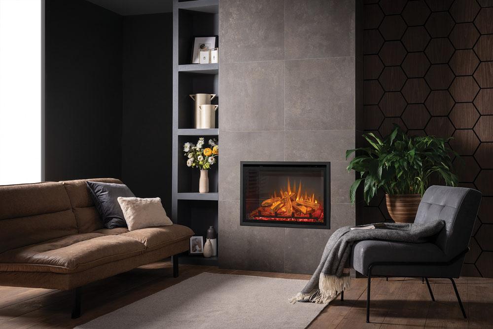 Gazco eMotiv 74 electric fire with a four-sided front frame in a tiled wall