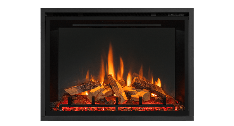 Gazco eMotiv 84 electric fire with oak-effect logs and its four-sided frame