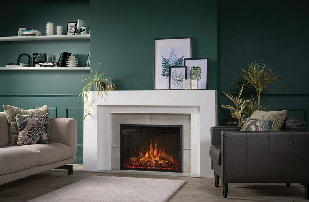 Gazco eMotiv 84 electric fire hearth mounted beneath a white mantel