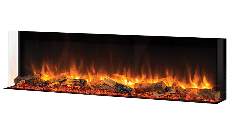 Gazco eReflex 150RW electric fire with oak-log effect, angled view with side glass