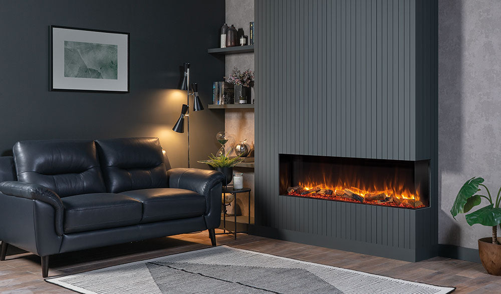 Gazco eReflex 150RW electric fire with Oak Log effect in a two-sided grey feature wall