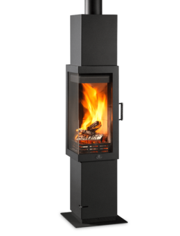 Max Blank Frankfurt stove in anthracite with a tall upper casing and flames visible through the glass door