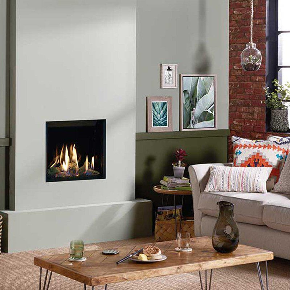 Gazco Riva2 500HL Slimline Edge gas fire with EchoFlame black glass lining in a grey living room
