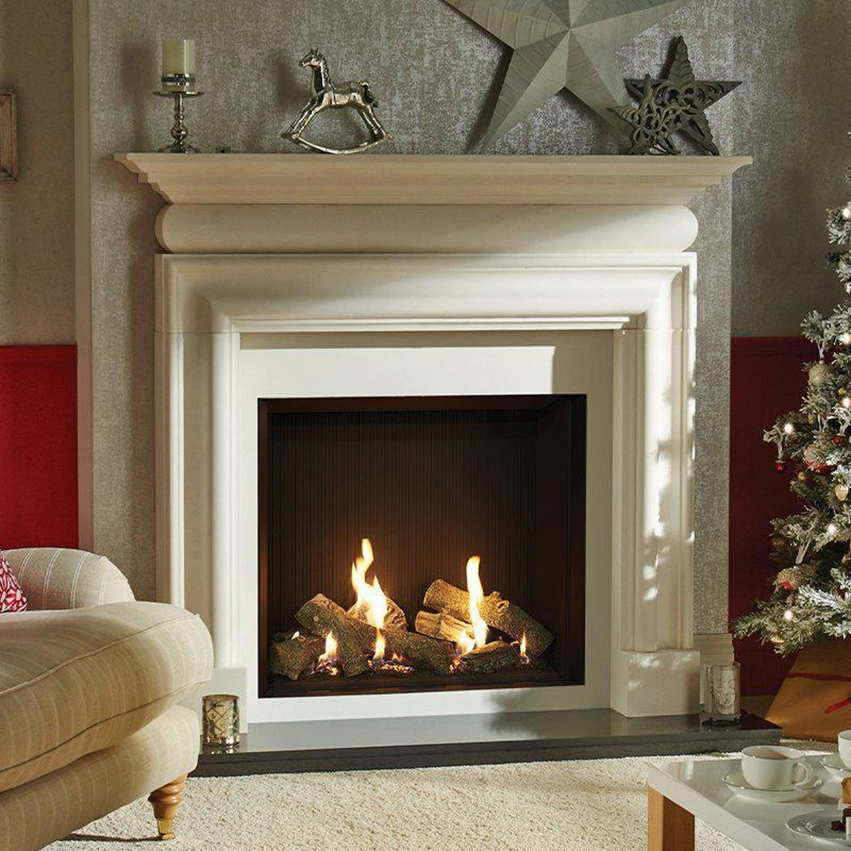 Gazco Riva2 750HL Edge gas fire with black reeded lining and a Cavendish Bolection mantel