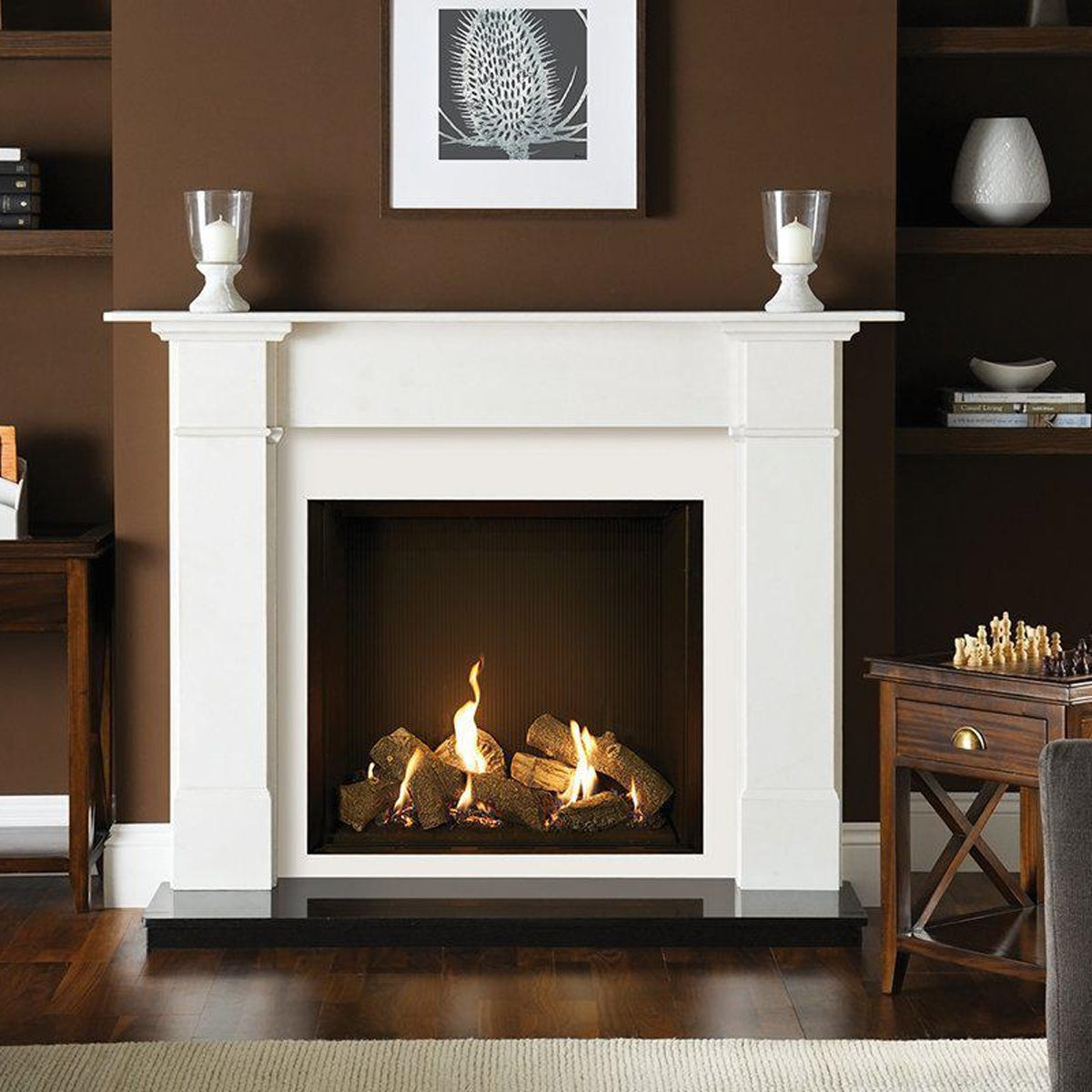 Gazco Riva2 750HL Edge gas fire with black reeded lining and a Claremont limestone mantel