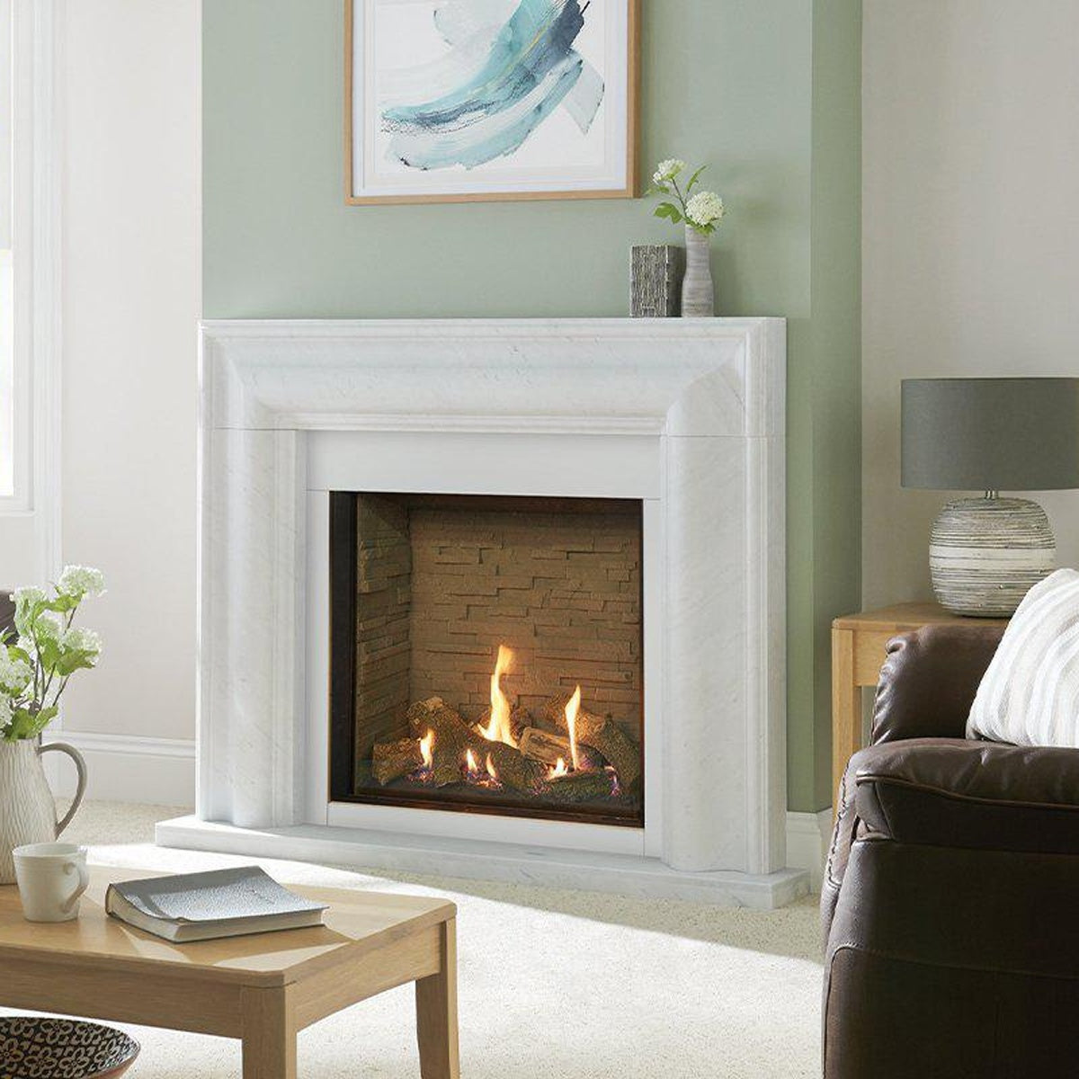 Gazco Riva2 750HL Edge gas fire with Ledgestone lining and a Grafton marble mantel