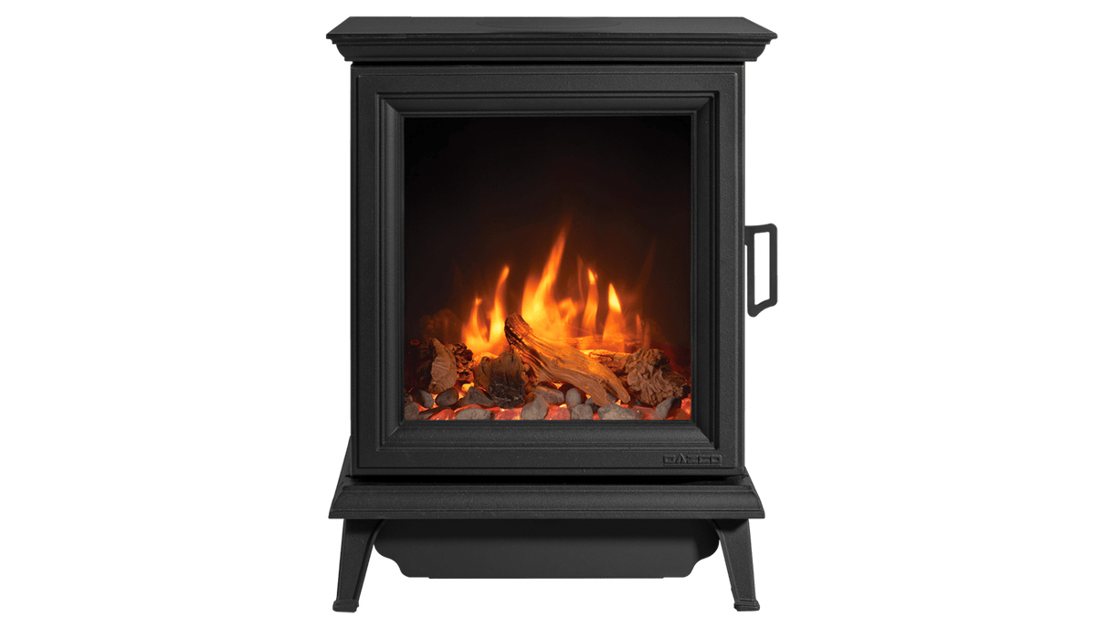 Gazco Sheraton 5 electric stove in matt black with a log-effect display, front view
