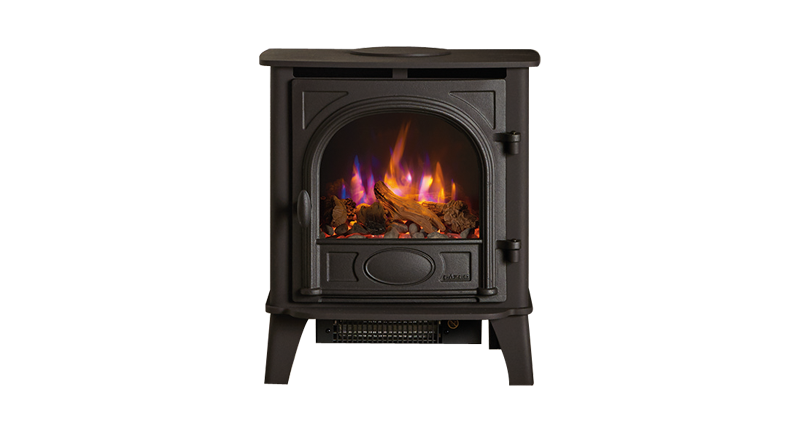 Gazco Stockton 5 electric stove in matt black with an arched door, front view