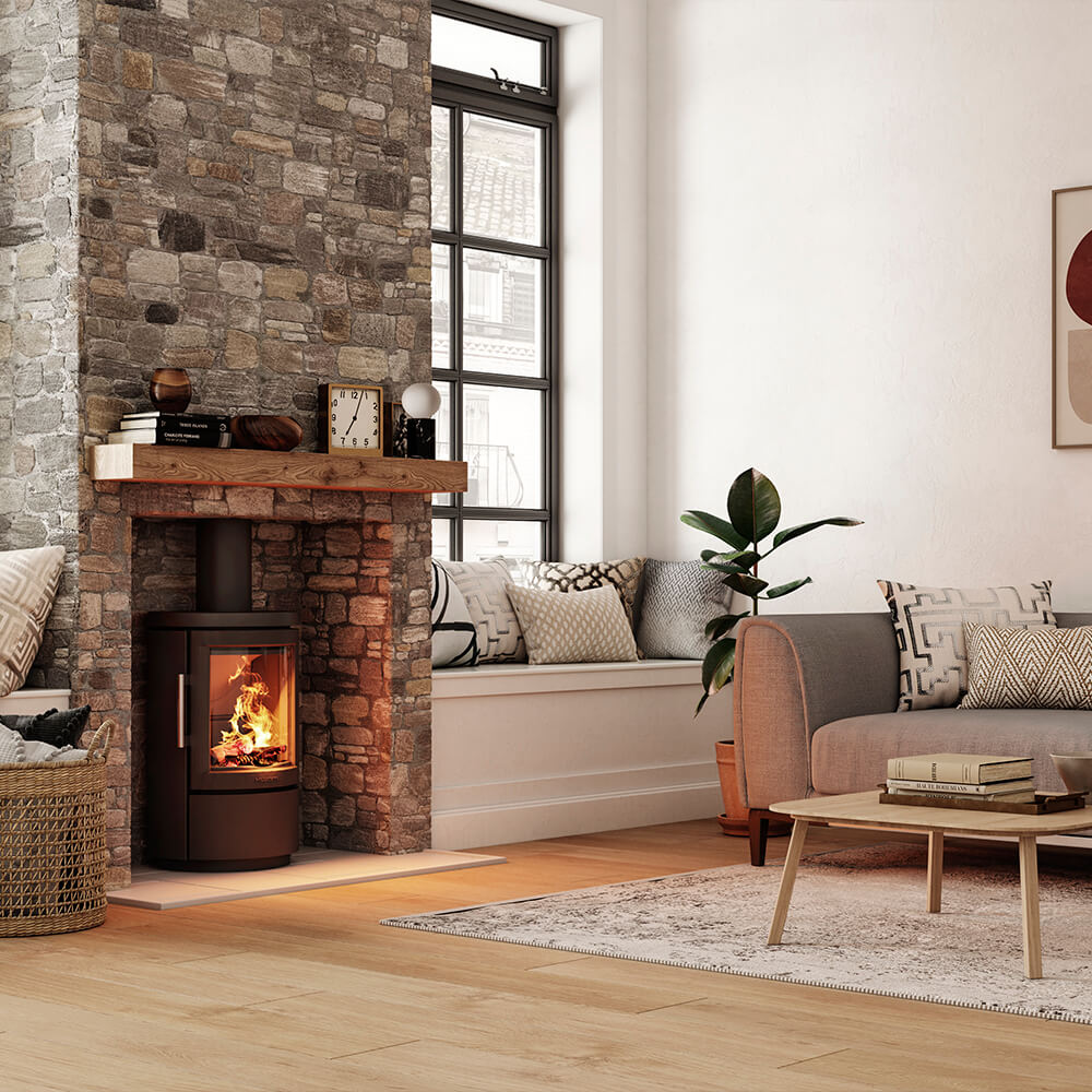 HWAM 2620c wood-burning stove in a room setting