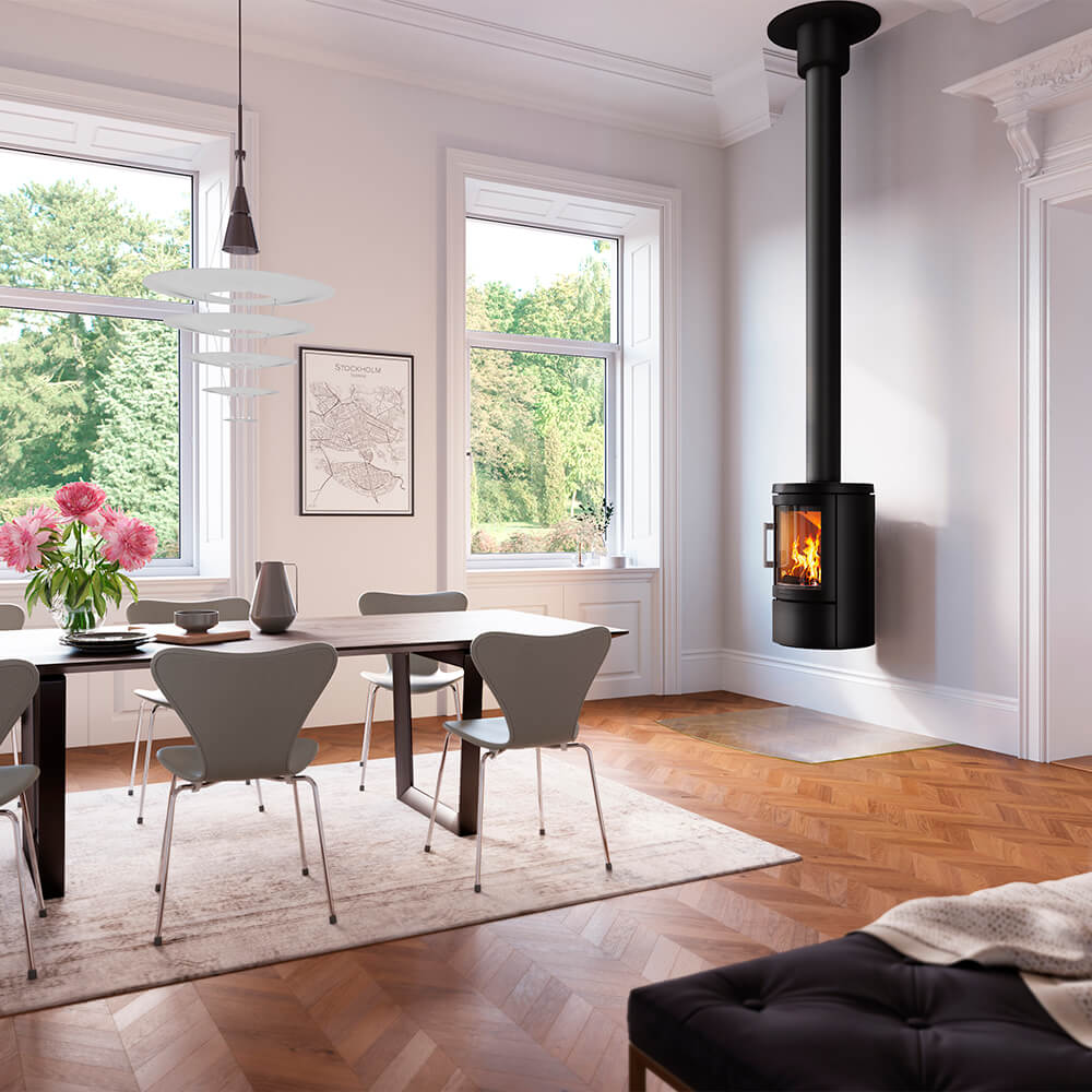 HWAM 2620c wood-burning stove in a room setting
