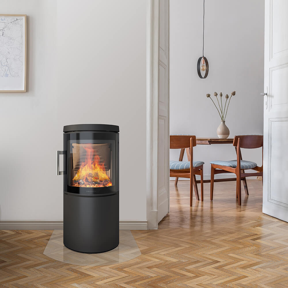 HWAM 3120m wood-burning stove with Modern door in a room setting