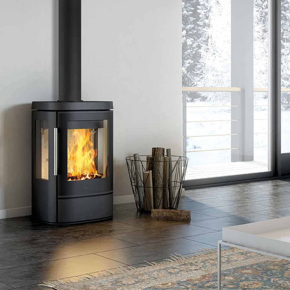 HWAM 4510m wood-burning stove in a room setting