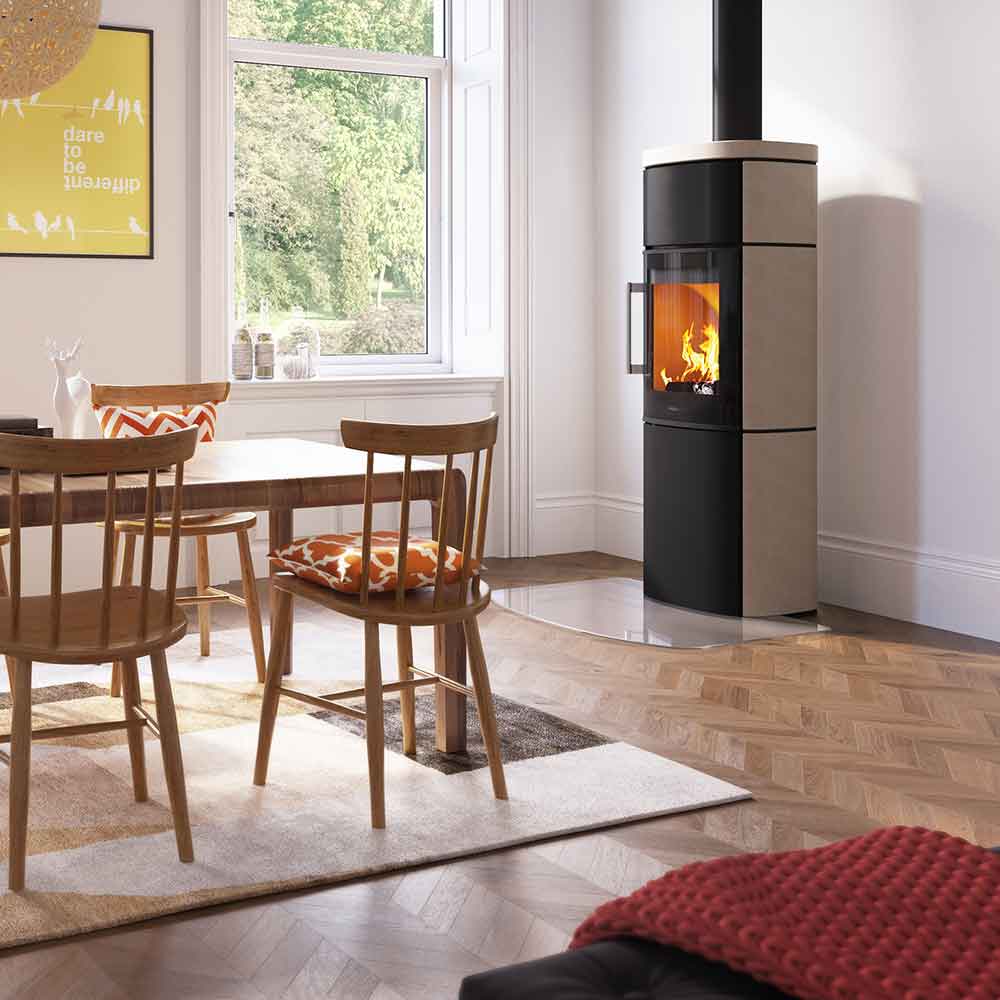 HWAM 4560m wood-burning stove in a room setting
