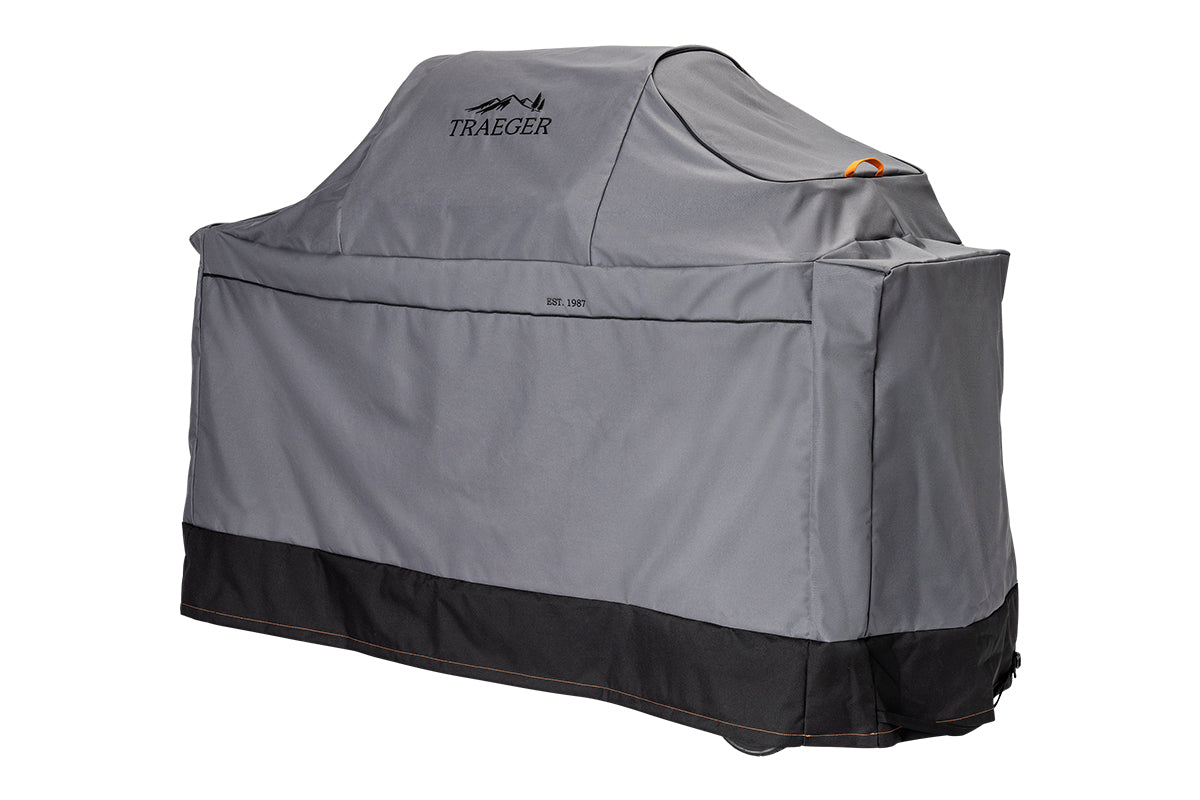 Traeger Ironwood grill cover viewed at an angle, showing the fitted side panel