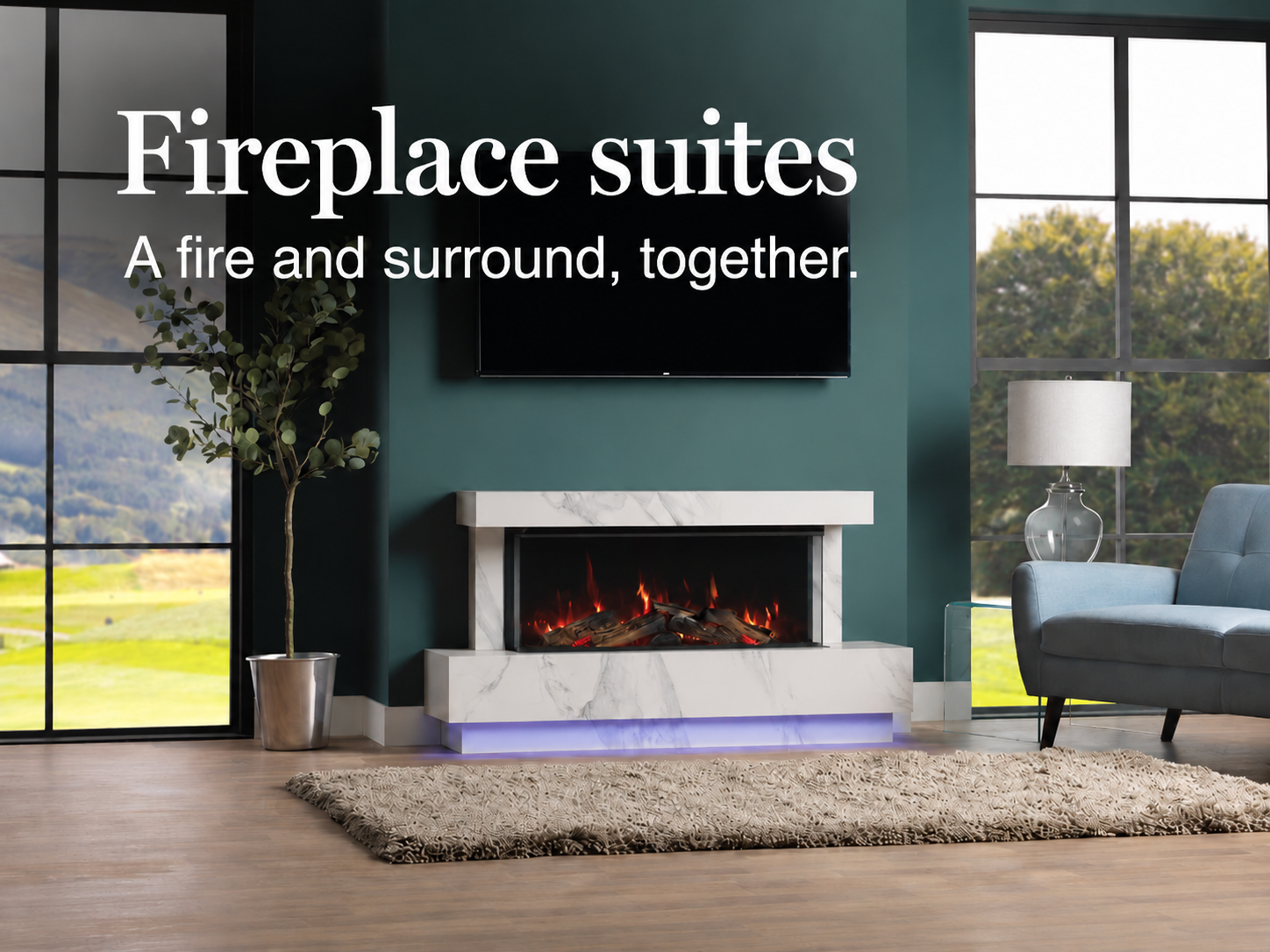 Fireplace suites. A fire and surround, together. Electric fireplace suite in a green room.