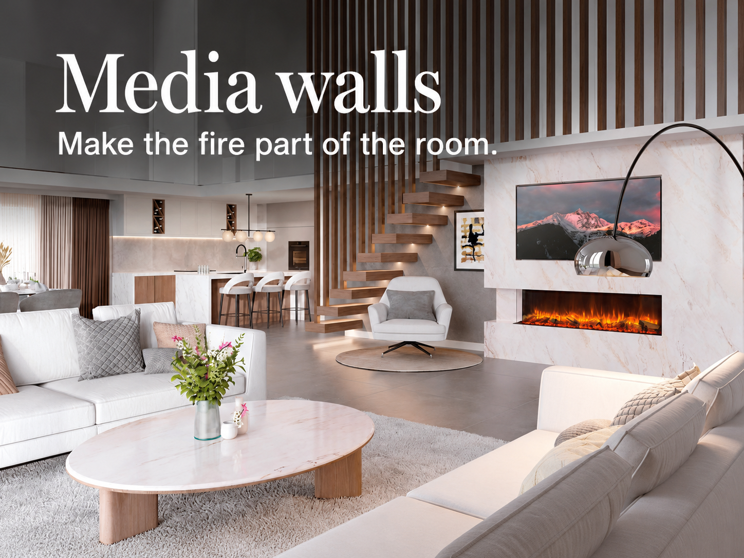 Media walls. Make the fire part of the room. Wide electric fire in a pale media wall.