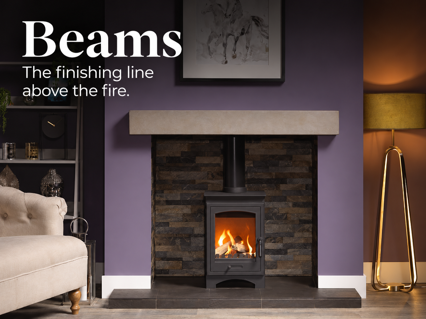 Beams — The finishing line above the fire. Stone-effect fireplace beam in a purple living room.