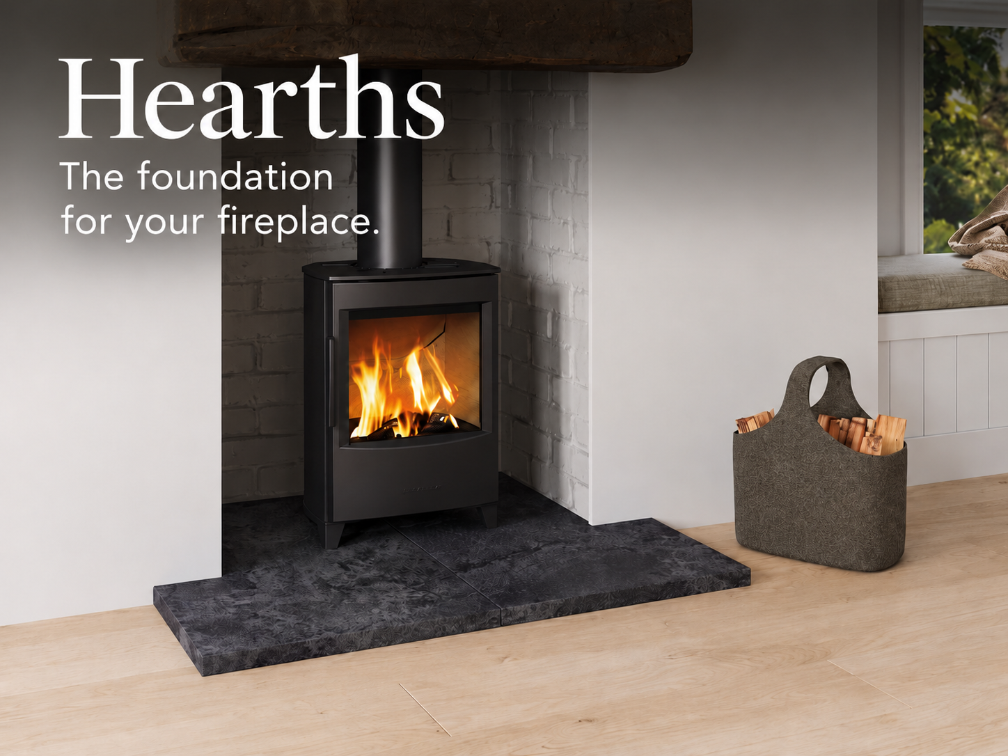 Hearths — The foundation for your fireplace. Dark hearth beneath a lit WIKING stove.