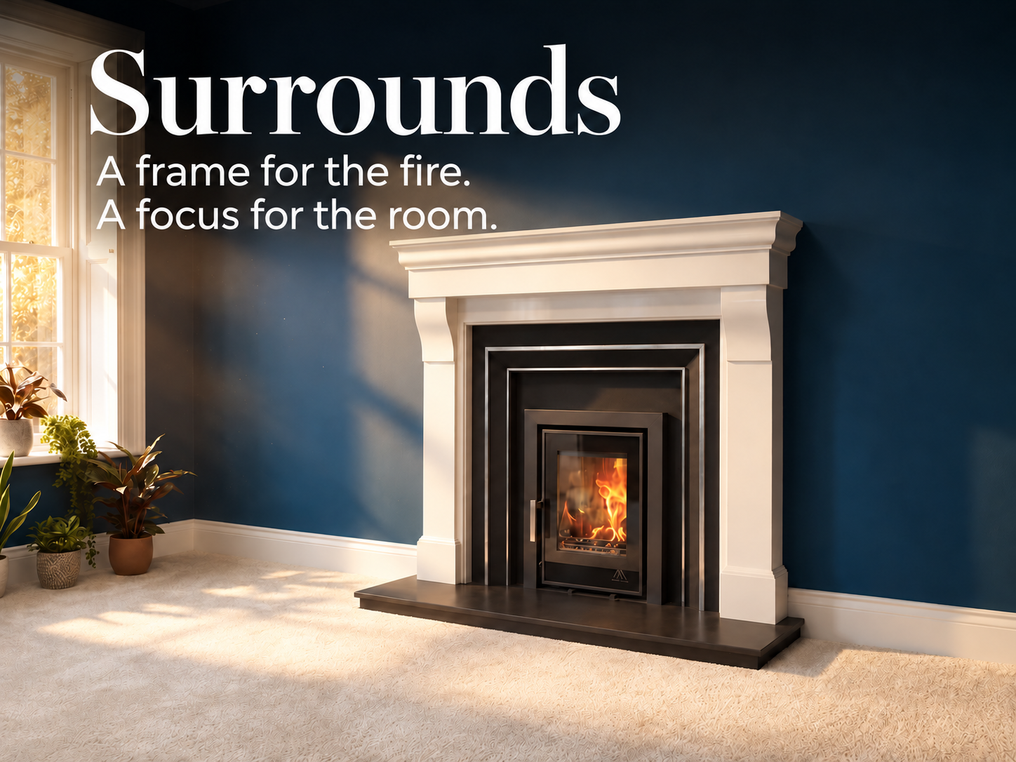 Surrounds — A frame for the fire. A focus for the room. White fireplace surround in a blue room.