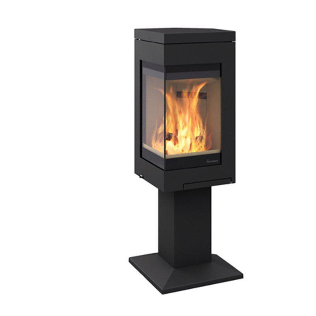Nordpeis Quadro 1 wood stove with pedestal, three-quarter cutout view