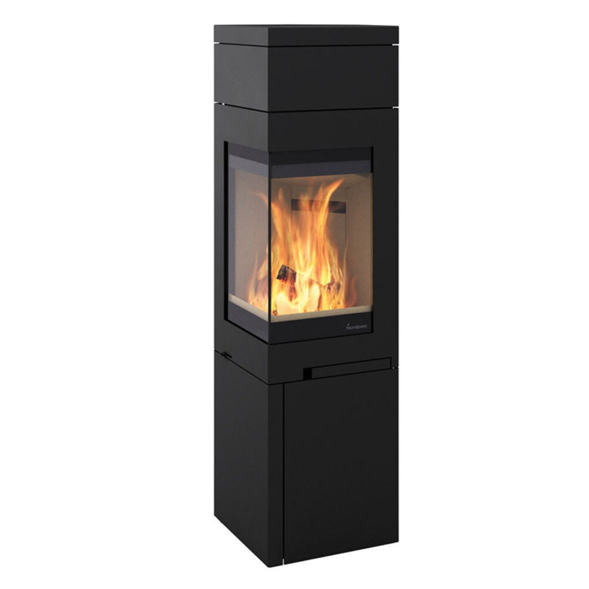 Nordpeis Quadro 2T wood stove with tall top, three-quarter cutout view