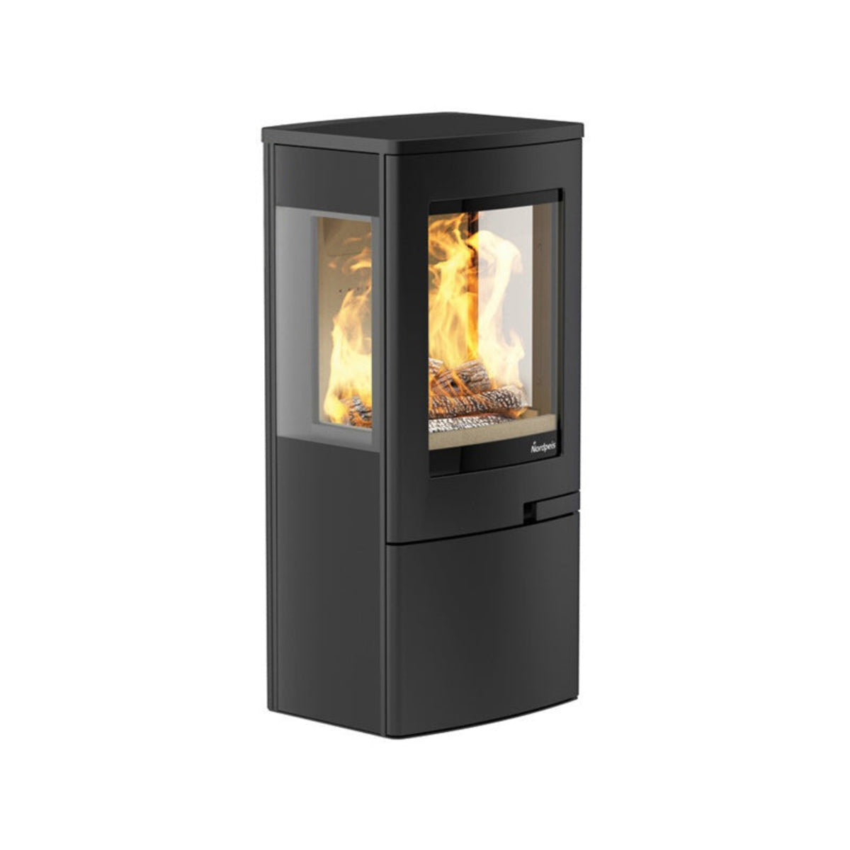 Nordpeis Uno 4 wood stove with enclosed base, three-quarter cutout view