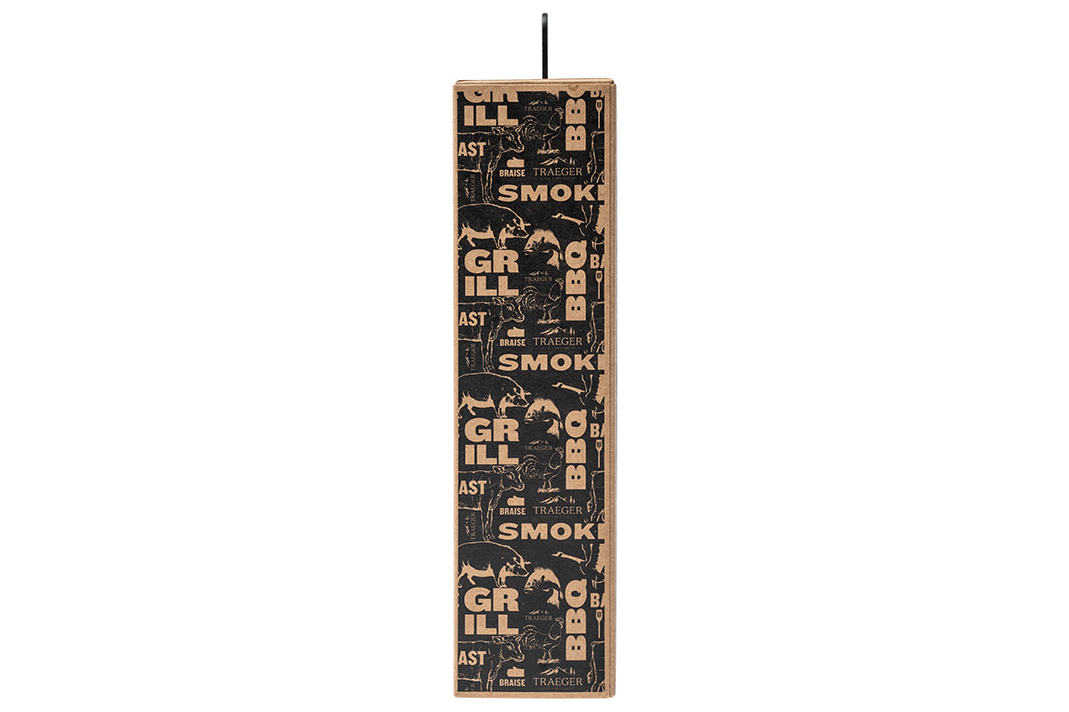 Side of the Traeger Pellet Sensor box with black barbecue-themed graphics