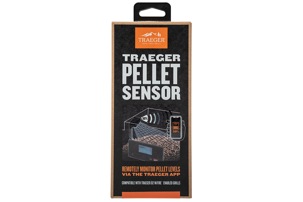 Front of the Traeger Pellet Sensor box showing a hopper and phone illustration