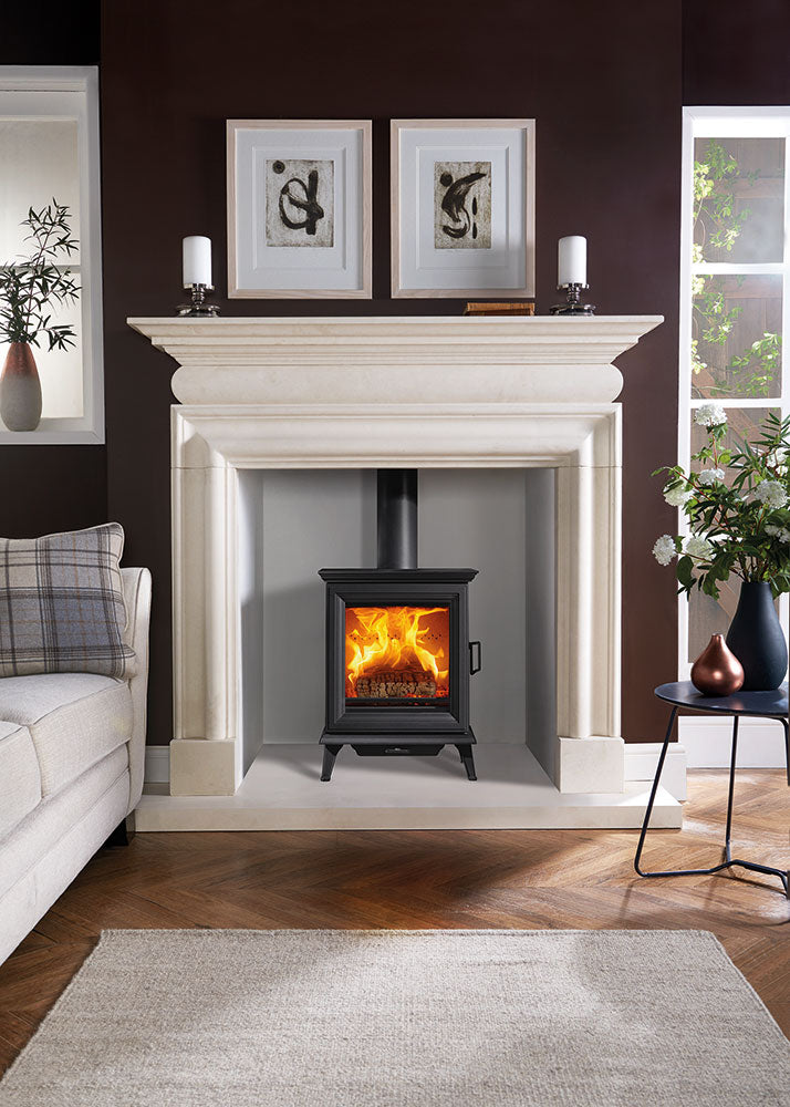 Stovax Cavendish Bolection natural limestone mantel shown with a separately supplied Sheraton 5 stove and hearth