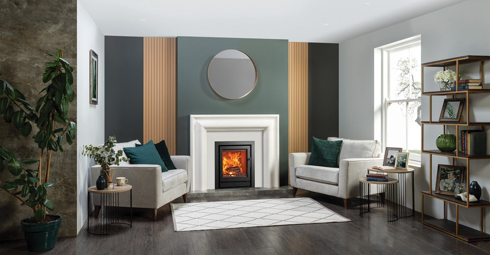 Stovax Grafton natural limestone mantel shown with a separately supplied Riva2 55 inset fire, frame and hearth