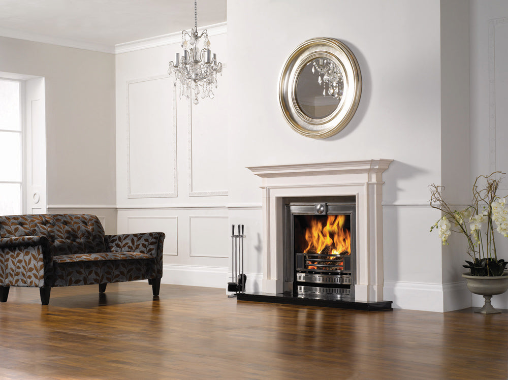Stovax Sandringham natural limestone mantel shown with a separately supplied Kensington insert and hearth