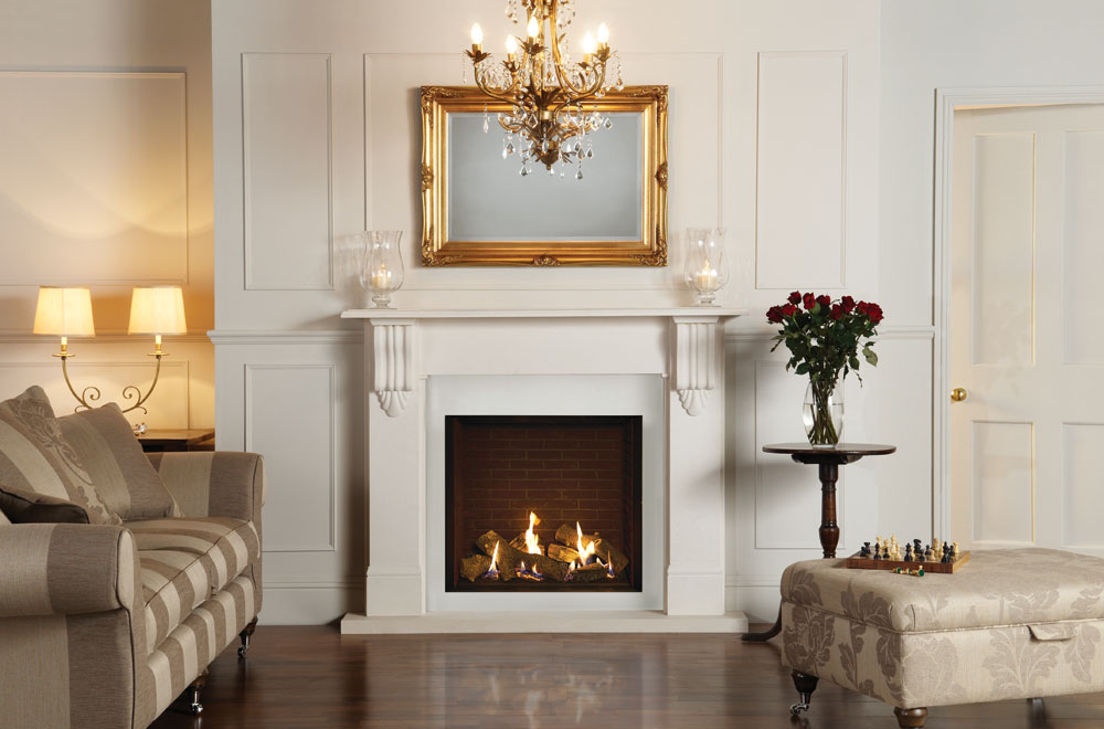 Stovax Victorian Corbel natural limestone mantel shown with a separately supplied Riva2 gas fire and hearth