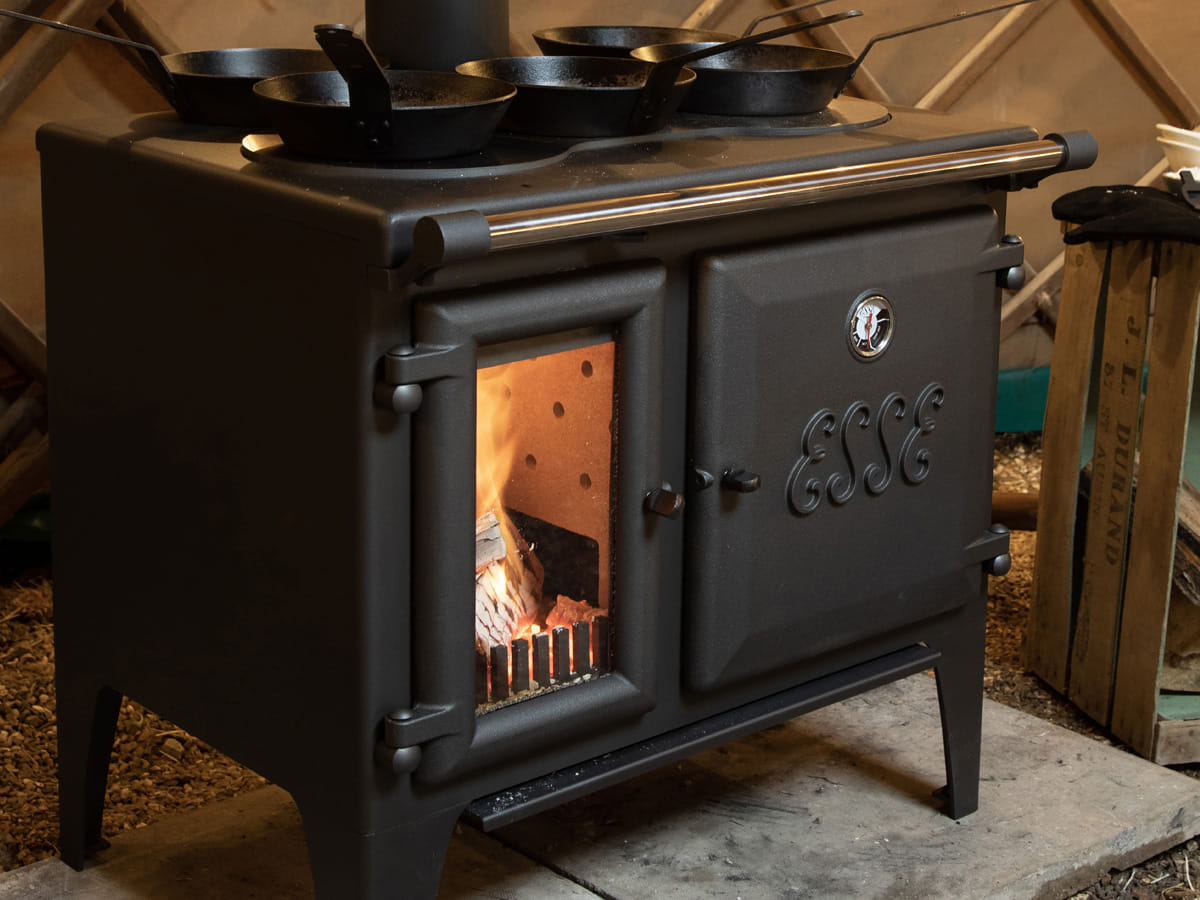 Angled view of the ESSE Lightheart S wood-fired cook stove