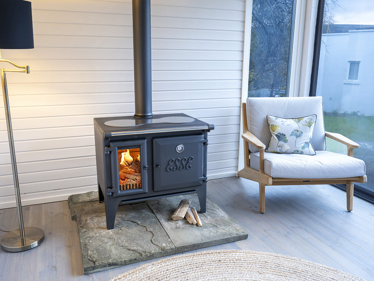 Angled view of the ESSE Lightheart S wood-fired cook stove
