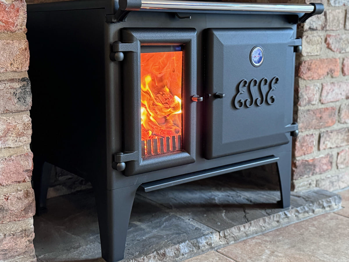 Angled view of the ESSE Lightheart wood-fired cook stove