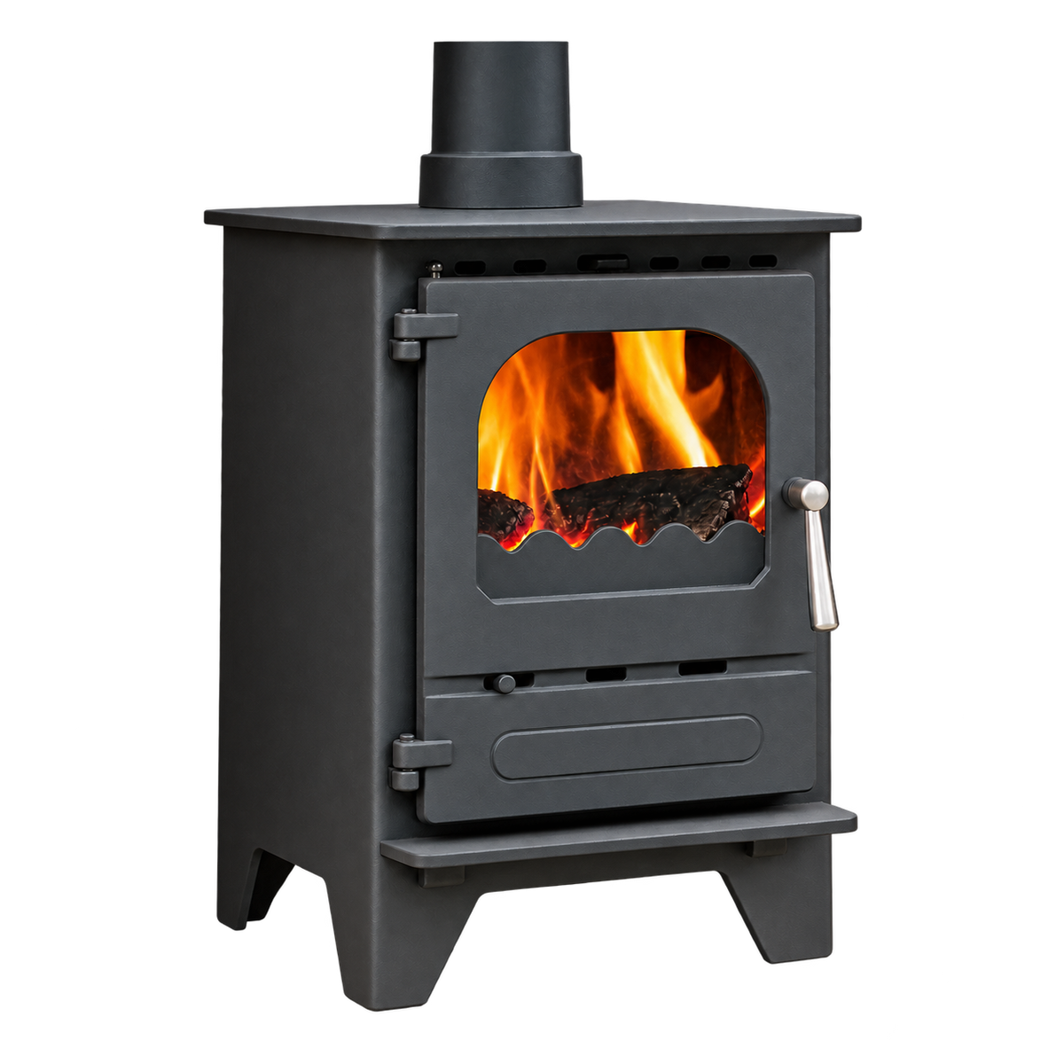 Dunsley Highlander 5 Enviroburn Solo stove with high legs and a satin chrome handle, isolated product cutout