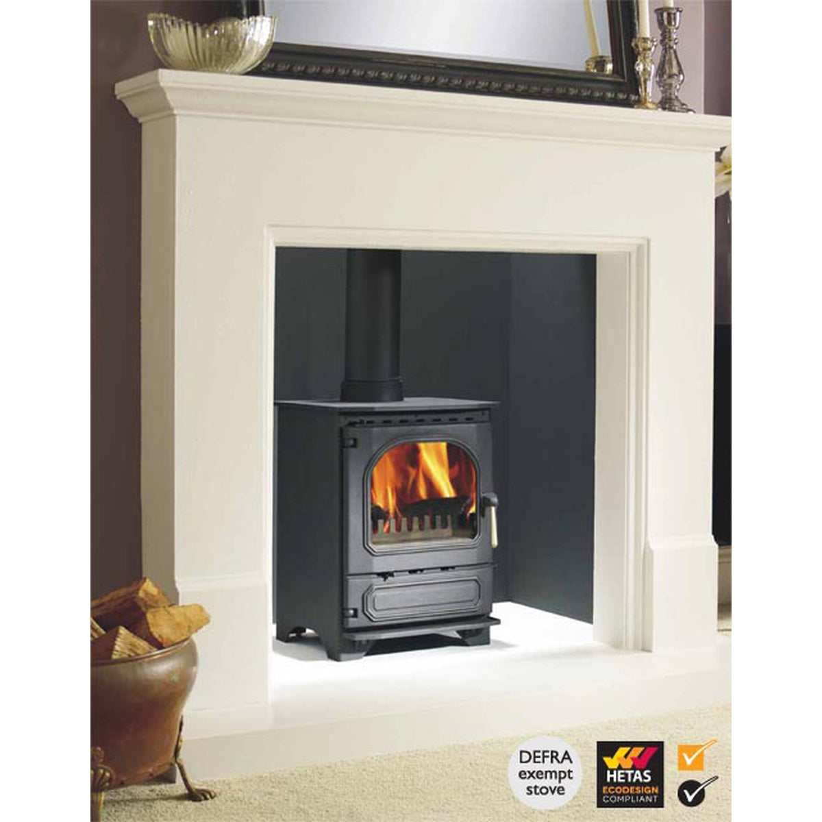 Dunsley Highlander 5 Enviroburn with its moulded Traditional door in a cream fireplace