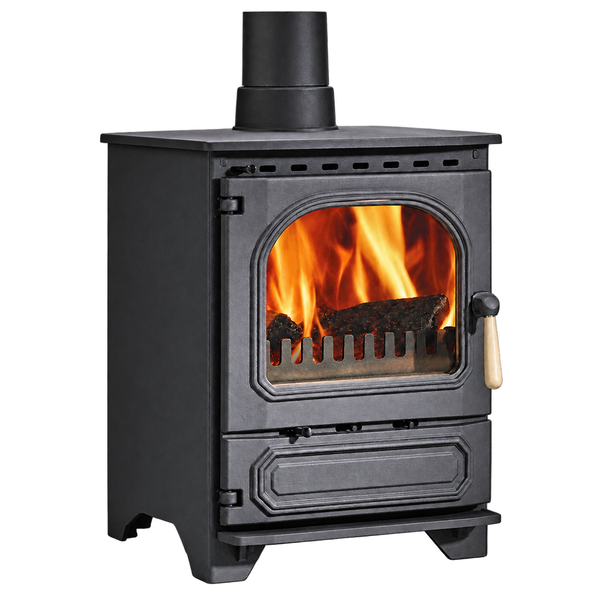 Dunsley Highlander 5 Enviroburn Traditional stove with short legs and a wood handle, isolated product cutout