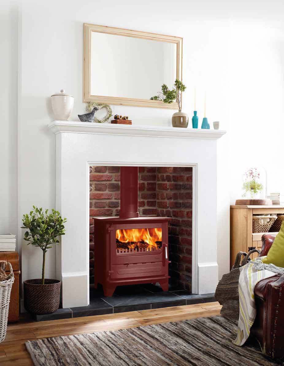 Dunsley Highlander 8 Enviroburn SG in optional Mojave Red burning logs in a white fireplace
