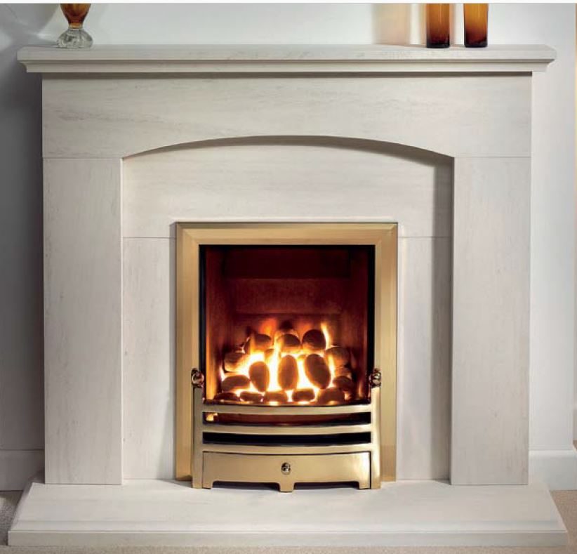 Gallery Cartmel 48-inch Portuguese limestone fireplace suite; fire and spotlights not included